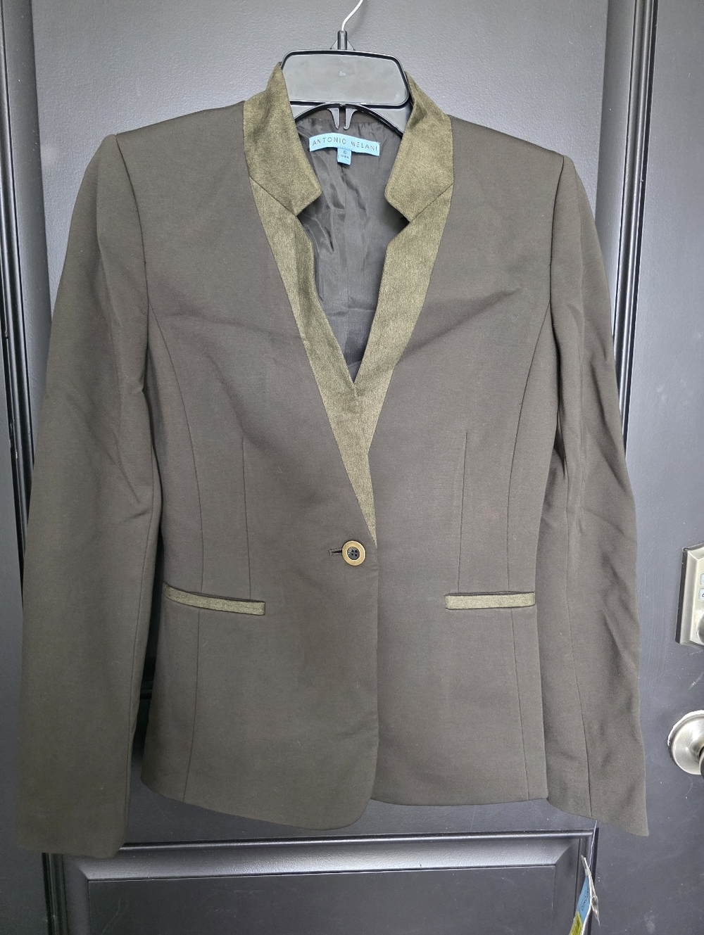 Antonio Melani Blazer Womens Size 0 Brown Olive Trim Tailored Jacket Career Chic - Picture 3 of 11